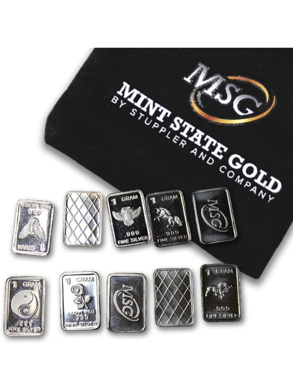10 One Gram .999 Pure Silver Bars in Jewelry Pouch - Unique Designs, Perfect
